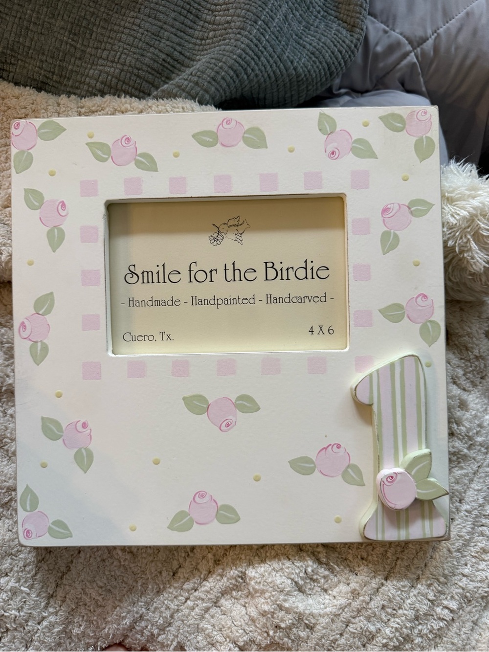 Baby 1 year handpainted cream, pink flower wood frame - holds 4x6 photo